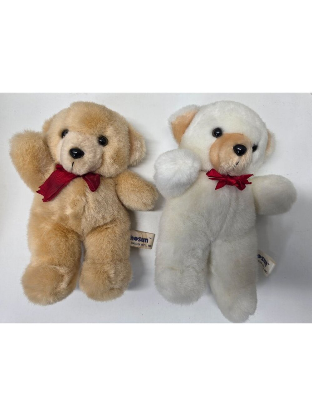 Vintage 1987 Chosun Teddy Bear Plush Pair White & Tan Red Ribbon Korea 10"